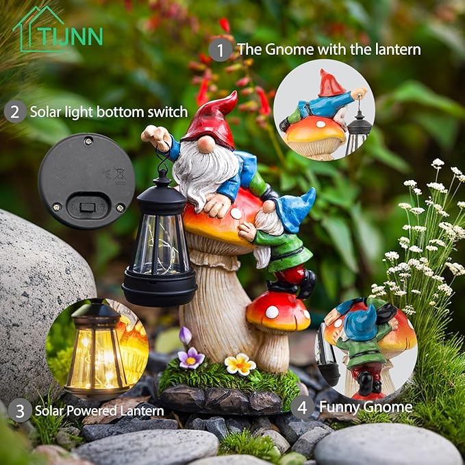 Solar Garden Statue Gnomes Figurine Lights,Funny Gnomes Standing on Mushrooms with Lanterns, with Lanterns Outdoor Yard Decorations for Patio Porch Home, Garden Gifts for Women Mom