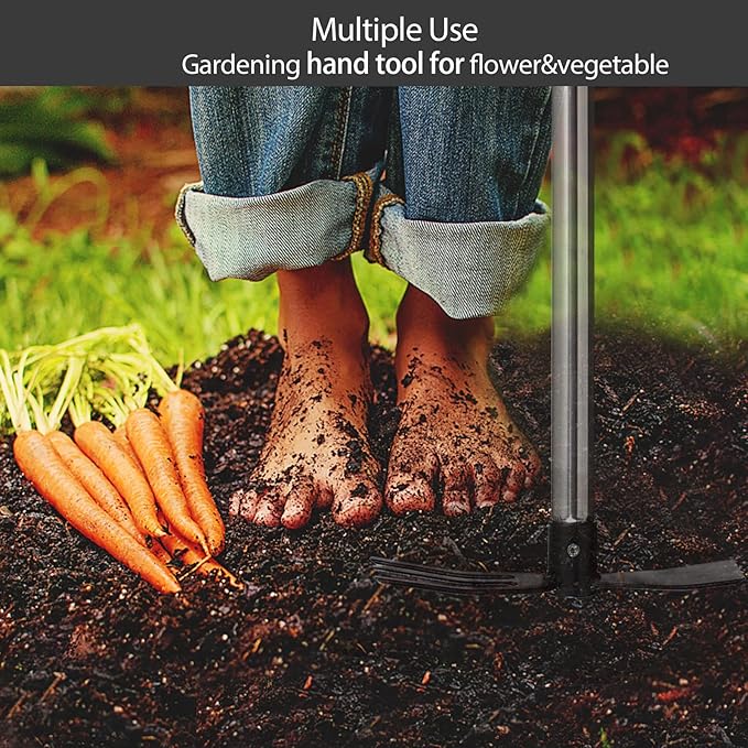 Hoe and Cultivator Gardening Hand Tools, Heavy Duty Stainless Steel Garden Hoe and 3 Fork Hand Tiller for Gardening Weeding Planting with Adjustable Handle 30-45 inch