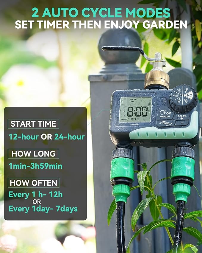 RAINPOINT Water Timer for Garden Hose - Sprinkler Timer with Brass Swivel - Rain Delay/Manual Watering/Automatic Irrigation Controller System Hose Timer Programmable Faucet Timer for Yard, 2 Outlet
