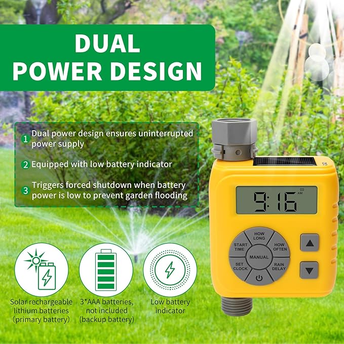 Sprinkler Timer, Zuomeng Water Timer for Garden Hose with Dual Power Design, Professional Anti-Leak Technology, Smart Irrigation with Rain Delay, Automatic/Manual Mode for Efficient Watering, Yellow