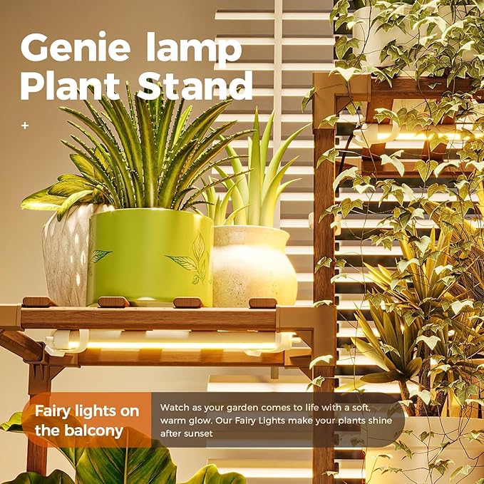 Bamworld Plant Stand with Grow Light Plant Shelf for Mutiple Pots 3 Tiers Ladder Plant Holder for Living Room Patio Boho Home Decor for Gardening Warm Light