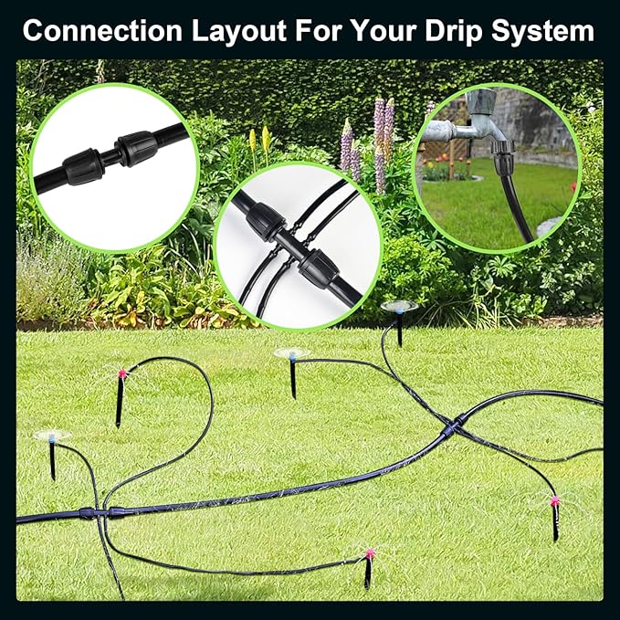 50FT 1/2 Inch Drip Irrigation Tubing Main Line Hose Tube, Drip Line Irrigation System Includes 2pcs 6-Way Connector & 1/2" Straight Connector & 3/4" to 1/2" Faucet Adapter for Garden Watering