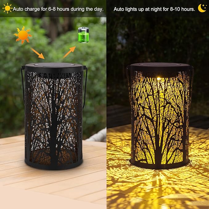 Solar Lanterns for Outdoor Waterproof, Hanging Solar Lights Gifts for Women Mom, Tree Lantern Hanging/Standing for Patio, Lawn, Tabletop, Garden Decorative LED Lantern Black Tree