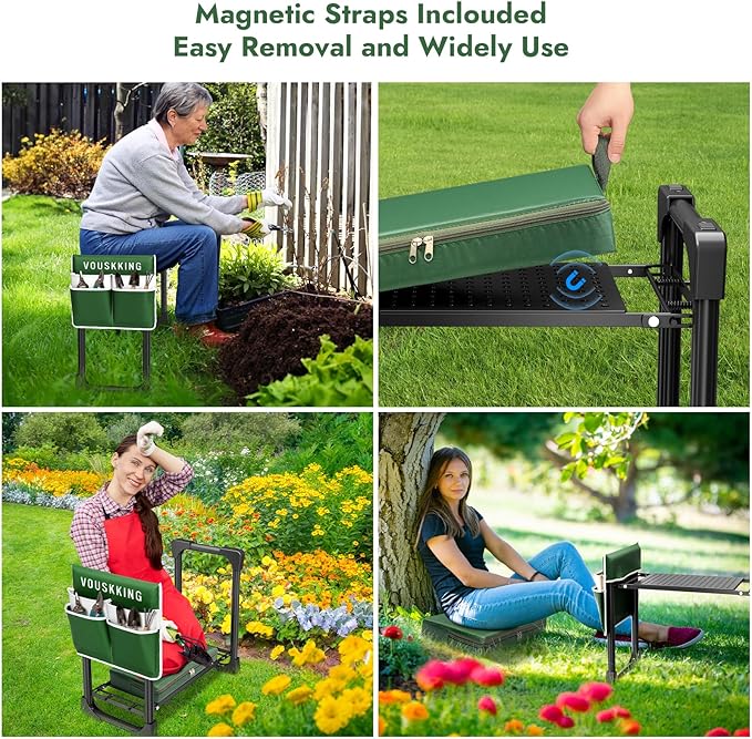 Foldable Garden Kneeler and Seat, Patented Thicker Wider Softer Kneeling Pad with Magnetic Stripe, 350lbs Heavy Duty Durable Garden Stool with Tool Bag, Gardening Gift for Women and Men