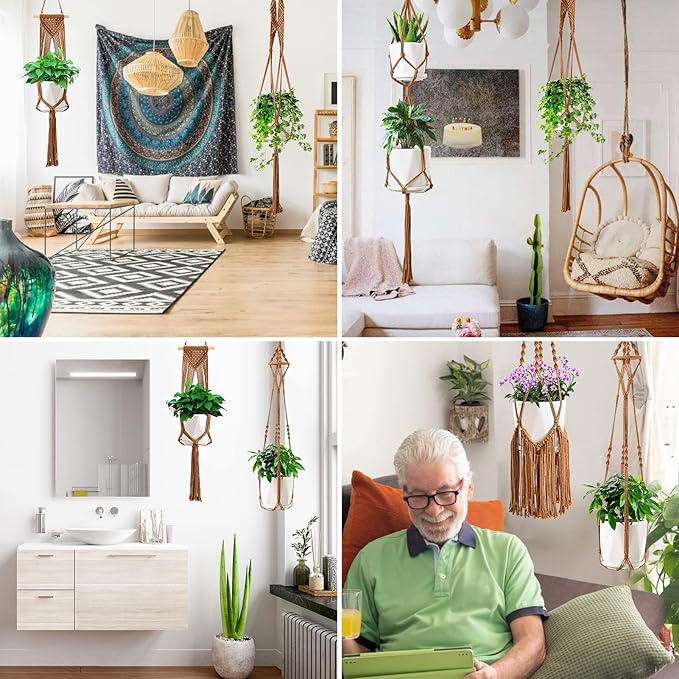Macrame Plant Hangers, 6Pack Hanging Planters for Indoor Plants w/ 6 Set Hangers Kit Handmade Macromay Plant Hangers Indoor Flower Pots Holder Stand for Boho Home Décor (POTS NOT Included)