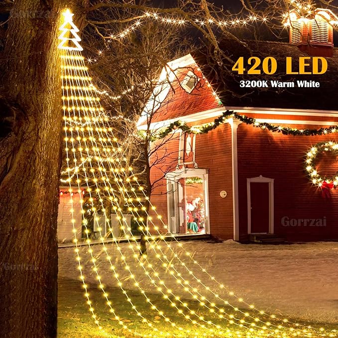 420 LED Outdoor Christmas Decorations Star String Lights Waterproof Christmas Tree Topper, 8 Lighting Modes Waterfall Lights for Tree Patio Garden Yard Party (Warm White)