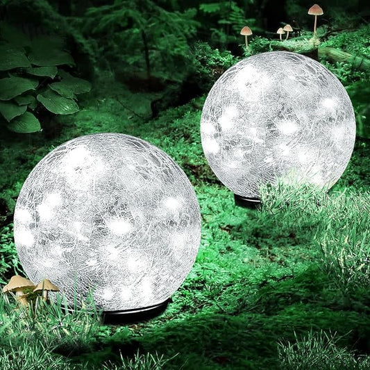 Garden Solar Ball Lights Outdoor Waterproof, 50 LED Cracked Glass Globe Solar Power Ground Lights for Path Yard Patio Lawn, Outdoor Decoration Landscape White (2 Pack 4.7'')