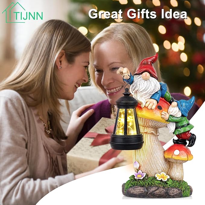 Solar Garden Statue Gnomes Figurine Lights,Funny Gnomes Standing on Mushrooms with Lanterns, with Lanterns Outdoor Yard Decorations for Patio Porch Home, Garden Gifts for Women Mom