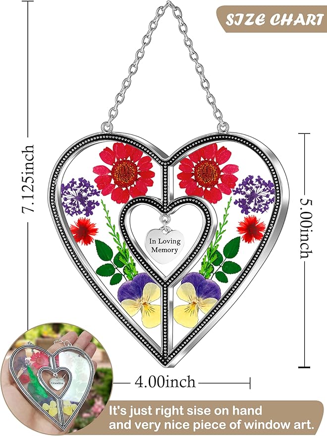 KY&BOSAM Heart Suncatcher In Loving Memory Memorial Gift for Loss of Loved One Unique Sympathy Gift Idea Real Flower Suncatcher Bereavement Grief Gift Box for Loss of Mom Friend Son Daughter Dog Decor