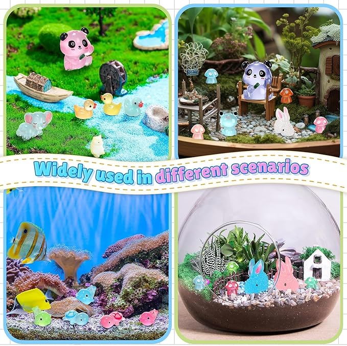 Luminous Mini Resin Animals - 130 Pcs Tiny Animals Mini Ducks Tortoise Rabbit Panda Mushroom Fruits Seashells Set Figurines Glow in The Dark Garden Miniatures Fairy Garden Accessories