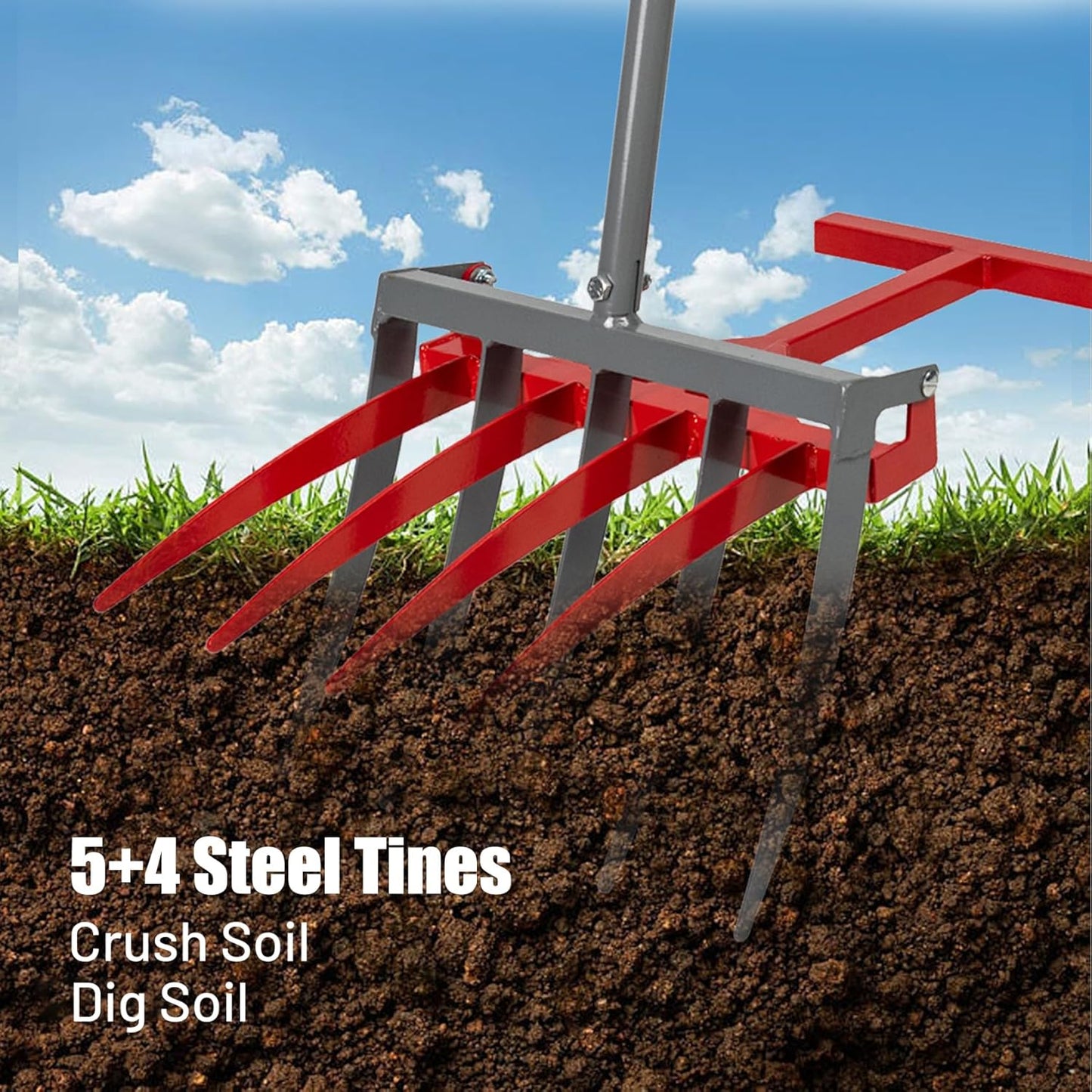 2-in-1 Broad Fork Garden Tool, Manual Hand Cultivator & Tiller, Heavy Duty Twist Tiller with 5+4 Steel Tines, Pitchfork for Soil Loosening, Digging, and Lawn Aeration