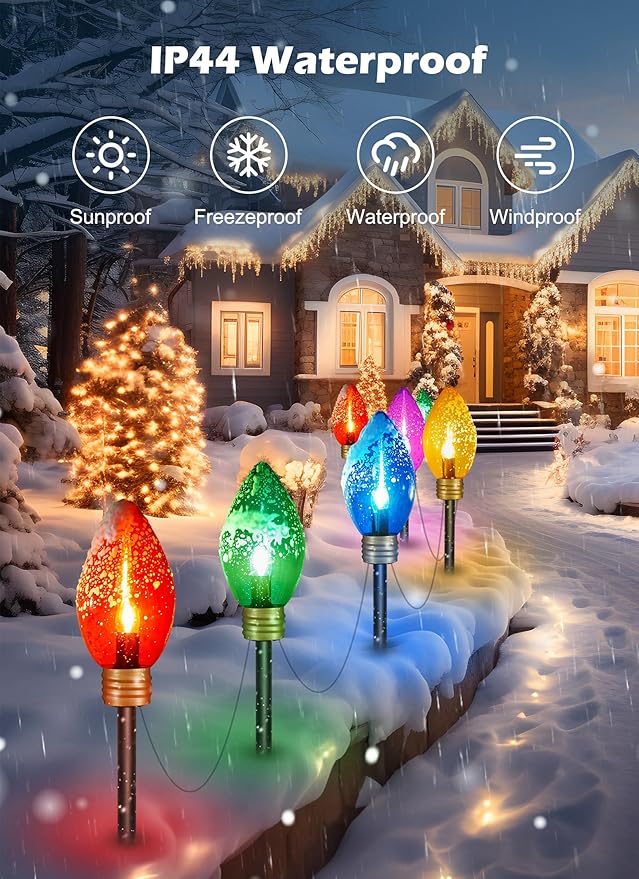 2 Pack Super Jumbo Christmas String Lights or Pathway Marker Lights, Outdoor Xmas Decorations- 11Ft 5 LED Jumbo C9 Hanging Lights Waterproof Lawn Dec for Holiday Home Tree Roof Yard Garden, Multicolor