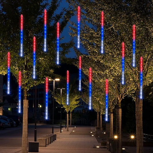 Dazzle Bright 4th of July Lights Decorations, 288LED Red Blue and White Meteor Shower Rain Lights 12Inch 8 Tubes, Waterproof Plug in Falling Rain Light Independence Day for Outdoor Yard