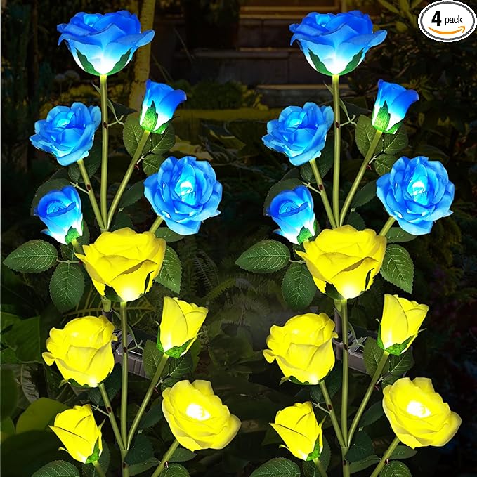 Solar Garden Lights - Realistic 20 Rose Waterproof Solar Flowers for Outside Patio Yard Pathway & Christmas Decorations, Blue & Yellow