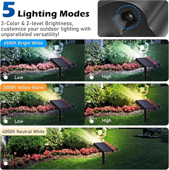 Solar Lights Outdoor, 5 Working Modes Solar Powered Spotlights for Yard, Waterproof Outside Solar Landscape Lights with 3 Color Temperatures, Bright LED Outdoor Lights for Garden Tree Pathway, 8-Pack