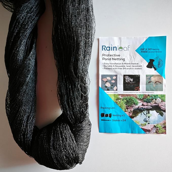 Rainleaf Pond Netting, 28' x 30' Pond Net Cover, Koi Pond Netting for Leaves, Heavy Duty Koi Pond Net Protecting Koi Fish from Herons, Stakes Included, Snare Nets