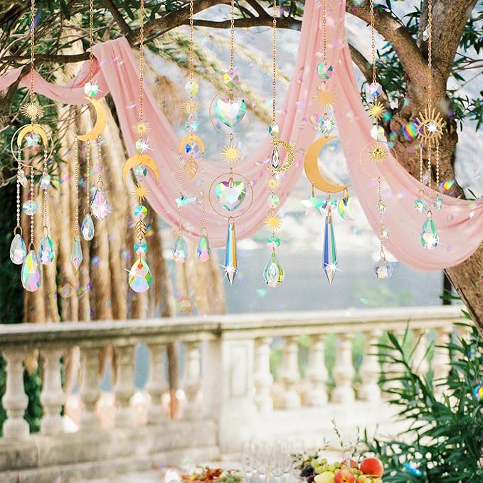 Maitys 10 Pcs 6 Pcs Crystal Suncatcher Sun Catchers Indoor Window Hanging Sun Catchers with Light Catcher with Prisms and Agate Slices for Indoor Outdoor Home Garden Wedding Decor (Stylish)