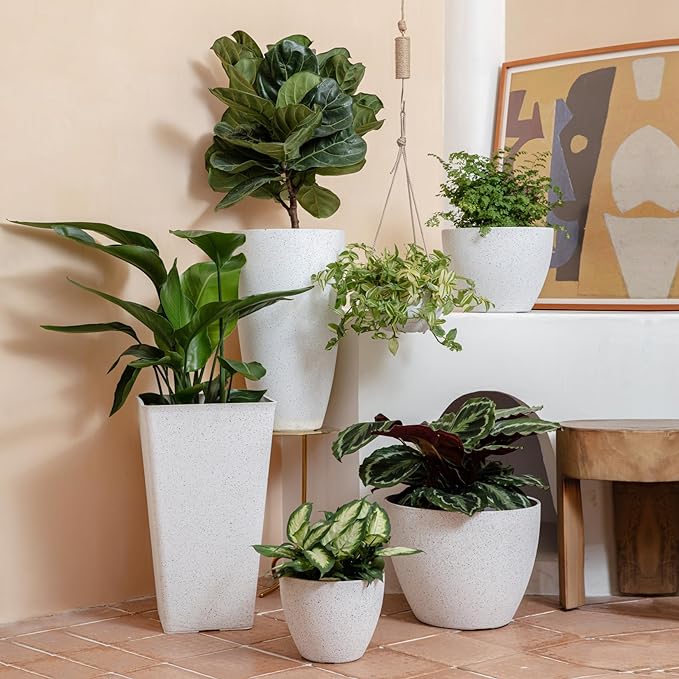 LA Jolie Muse Hanging Planters for Indoor Plants - Flower Pots Outdoor 10 inch Garden Planters and Pots,Speckled White Set of 2