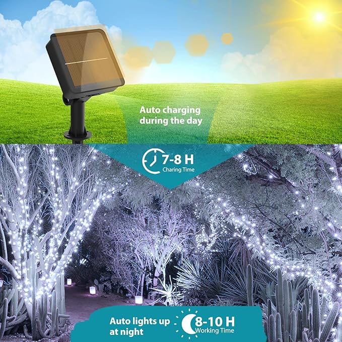 kolpop Cool White Solar Fairy Lights Outdoor, 32FT 80LED Twinkle Light Outdoor Waterproof, 8 Modes Copper Wire Mini Solar String Lighting for Garden Christmas Tree Outside