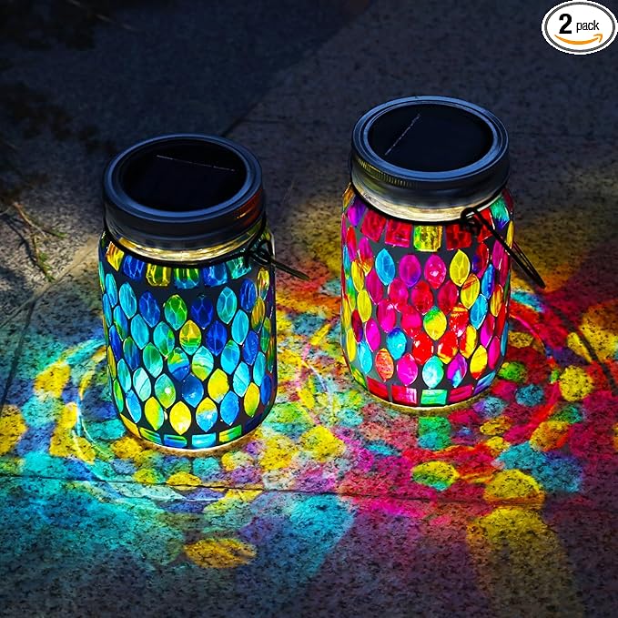 VOREEN 2 Pack Mosaic Solar Lanterns, Outdoor Glass Hanging Lights, Solar Table Lamps, Waterproof Night Lights, Jar Lights Easter Gifts, Decoration for Garden, Patio, Yard, Balcony, Blue&Red