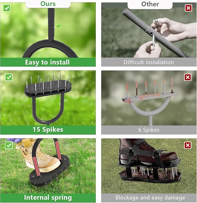 Lawn Aerator Spike Metal Automatic Dethatching Soil Aerating Lawn with 15 Iron Spikes, Pre-Assembled Grass Aerator Tools for Yard, Lawn Aeration, Garden Tool, Revives Lawn Health, Black