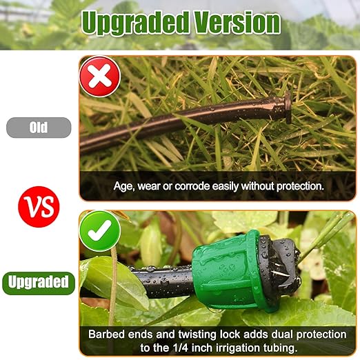 JAYEE Drip Irrigation Fittings 1/4 Inch, Barbed Locked End Plugs for ¼ in. Tubing, 25 Pcs Drip Line Parts Irrigation End Closure with Locked Nuts for Garden Lawn Sprinkler Systems, Green