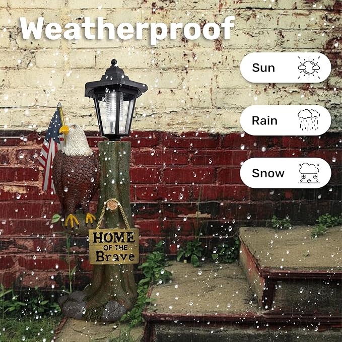 14x6 Inch Eagle Outdoor Solar Statue, Home of The Brave Outdoor Decorative Sculpture, Garden Decoration Outdoor Waterproof, Eagle Statue with American Flag for Patios, Yards, and Gardens