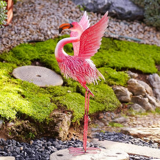 Nacome Flamingo Statues for Garden Yard Decor: Metal Pink Sculptures Clearance Lawn Ornaments Art for Patio Balcony Front - Unique Gifts for Grandma Mom