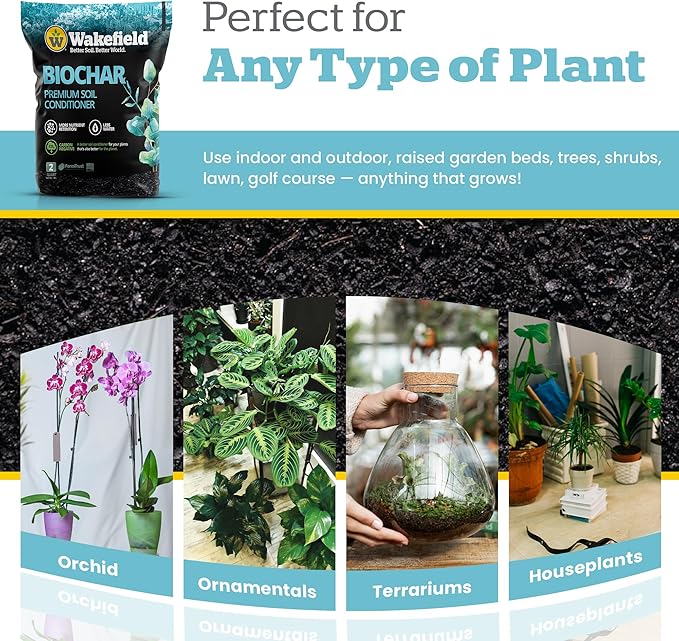 Wakefield Premium Biochar Soil Conditioner – 100% Pure Organic Biochar Soil to Boost Nutrient Retention & Water Efficiency for Houseplants, Gardens, & Lawns – 2 Quarts