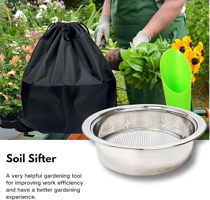 Soil Sifter for Gardening, Stainless Steel Sifting Pan Dirt Sifter, 9.5in Rock Sifter with 5 Sieve Mesh Filter Sizes(0.04",0.12",0.2",0.35",0.47")
