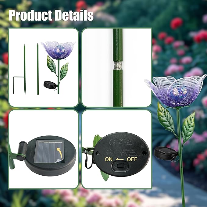 Solar Lights Outdoor Garden, 2 Pack Solar Powered Metal Flowers LED Breathing Light Waterproof,Solar Flowers for Outside Patio Lamp,Garden Gifts for Women,Landscape Lighting,Yard Pathway Decor