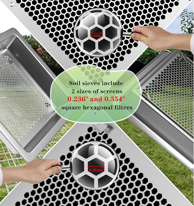 Soil Sifter Strainer Sift Screen Composter - Stainless Dirt sifter,16"Rock Sifter,Bonsai Sifter for Gardening,Metal Soil Sieve Set,2 Interchangeable net Compost Sieve,Substitute Wooden Garden Sifter.
