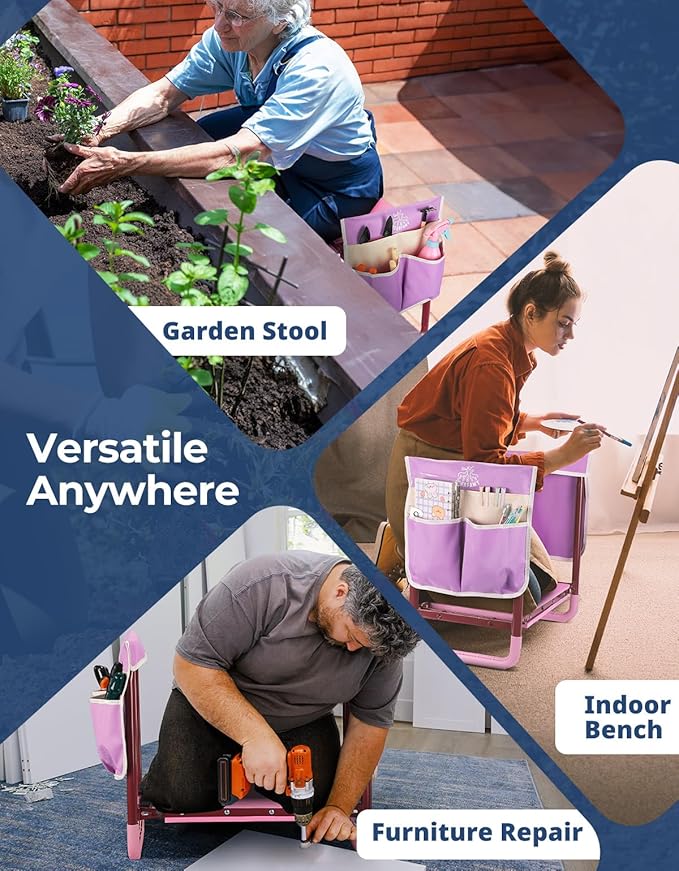 DEERFAMY Garden Stool 10.2" Width, Garden Kneeler and Seat Load Cap 350 lbs, Gardening Gift Heavy Duty with Extra Kneeling Pad, 2 Tool Pouches, Claw Gloves, Pink