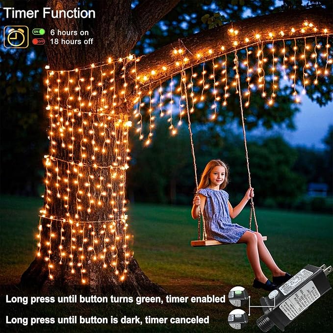 33 FT Orange Icicle Lights for Outside, 400 LED Christmas Lights Outdoor, Clear Wire Twinkle String Lights with Timer 8 Modes Waterproof for Window House Patio Yard Wedding Classroom Festival Decor