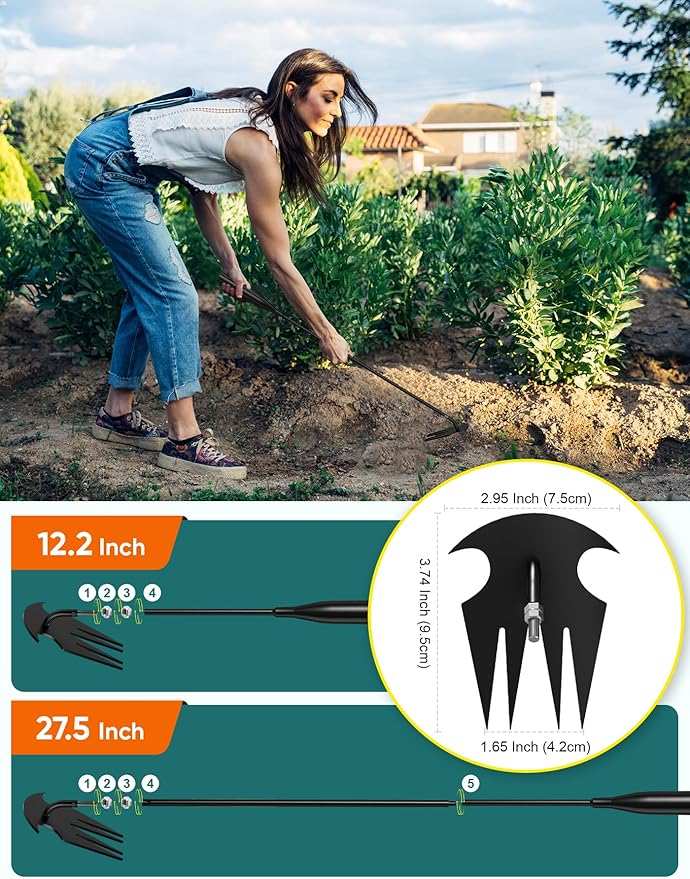 Stand Up Weeder Hand Tool, Long Handle Weed Puller Tool Garden Weeding Tool with 4 Claw, Gardening Hand Weeding Tool Hand Weed Puller for Dandelion Garden Yard, Heavy Duty Weed Remover Tool 12.2-27.5"