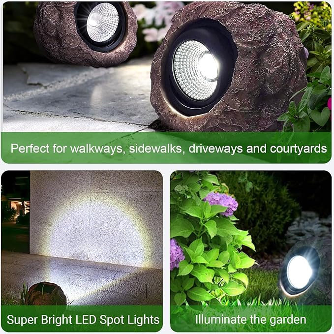 Outdoor Solar Rock Light, Waterproof LED Solar Spotlight, Garden Landscape Lights, Decorative Garden Rock Lights for Paths, Sidewalks, Patio and Landscaping - 2 Pack