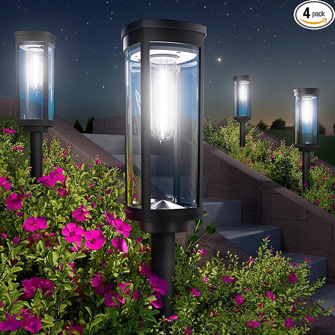 Solar Pathway Lights Outdoor, 4 Pack Bright Solar Powered Garden Lights Waterproof IP65, Long Lasting Outdoor Light for Yard Garden Walkway Landscape Lawn Patio (Cool White, 4 Pack)