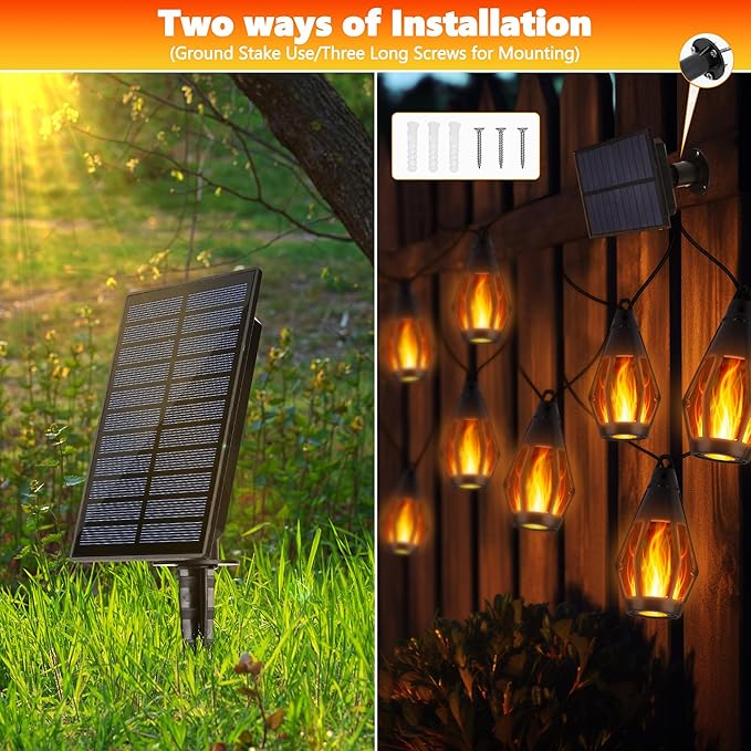 Solar Flame String Lights - 48ft 15 LED Lights Outdoor Solar String Lights for Garden Patio Decoration