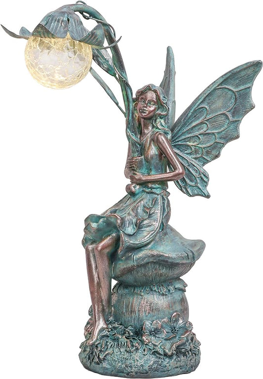 TERESA'S COLLECTIONS Garden Statues Fairy Sculptures & Statues, Outdoor Solar Light Garden Decor Resin Patina Bronze Figurines for Outdoor Decor, Valentines Decorations Gifts for Women Mom, 13.8''