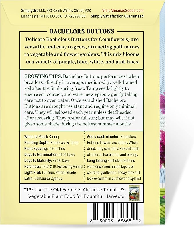 The Old Farmer's Almanac Bachelors Buttons Seeds - Approx 500 Flower Seeds - Non-GMO, Premium, Open Pollinated