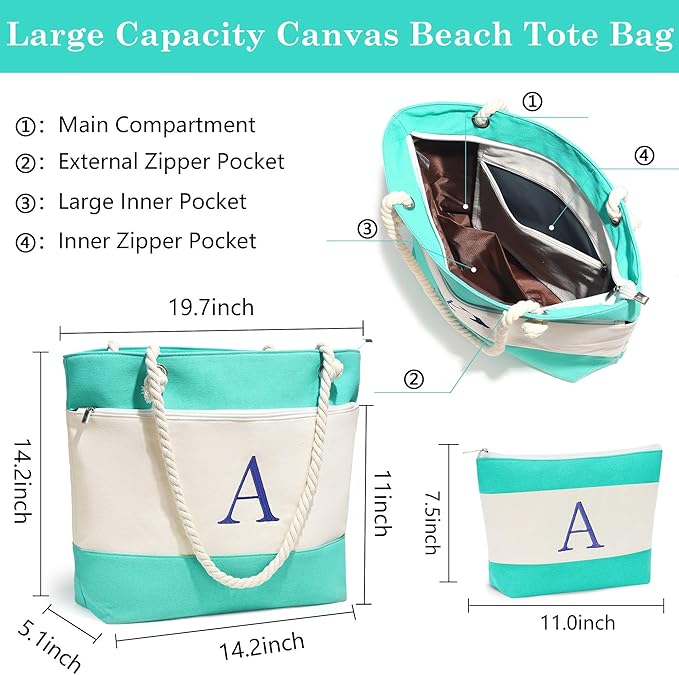 YOOLIFE Beach Bags for Women - Initial Tote Waterproof Bag with Makeup Bag, Mothers Day Gifts for Women Mom Friend Birthday