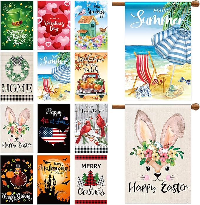 Mixweer 12 Pack 28 x 40" Large Seasonal Garden Flags for Outside Seasonal Lawn Yard Outdoor Flags Set Polyester Double Sided for Holiday Christmas Festive Decorations