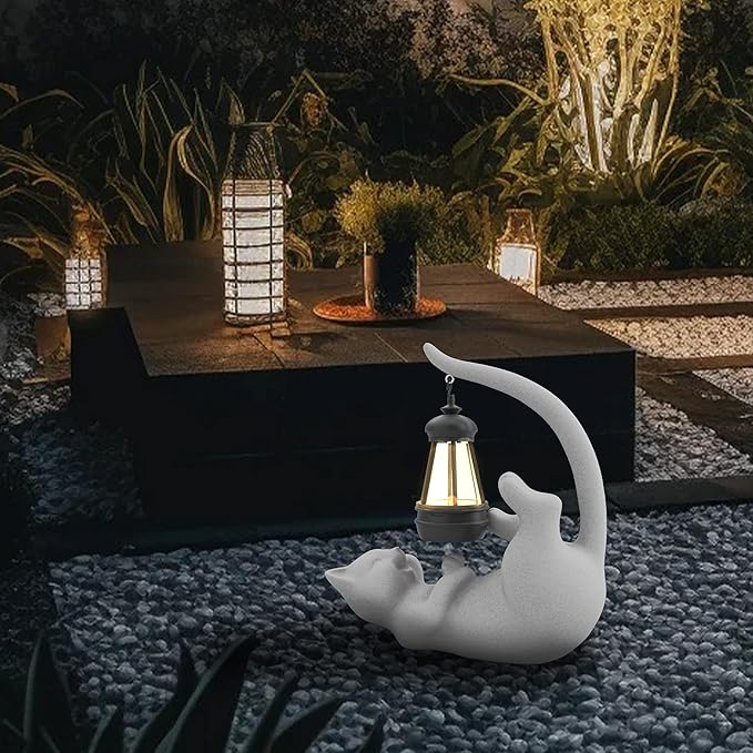 Solar Cat Garden Statue 15 Inch Porch Patio Decor for Outside Yard Decoration Outdoor Unique Housewarming Gardening Birthday Gifts for Cat Lovers Women Grandma