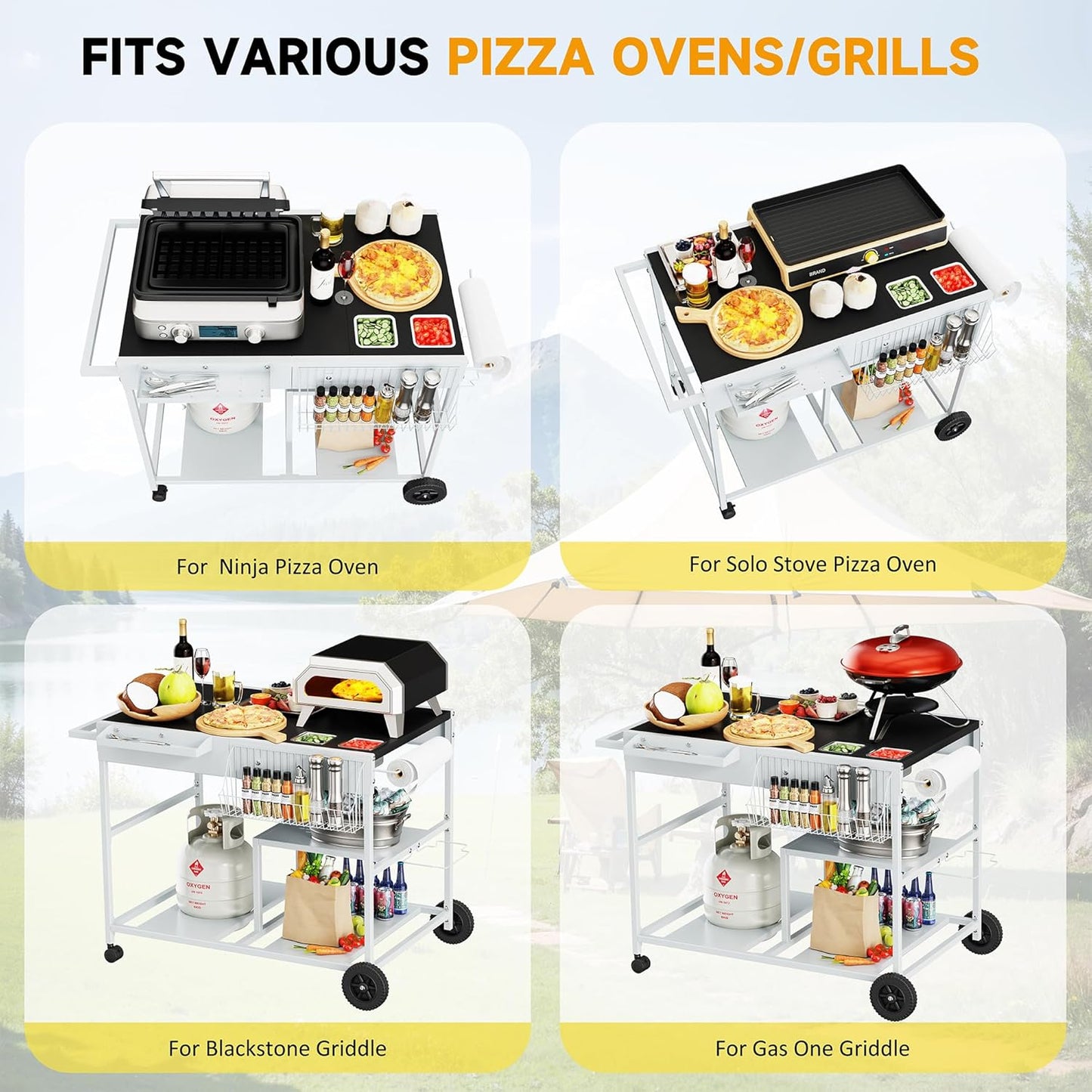 JY QAQA Outdoor Pizza Oven Stand with Condiment Shelf, Outdoor Cooking Cart, Grill Worktable for Patio, Food Prep Station Fits Ninja Woodfire Grill, Cuisinart Grill, Blackstone Griddle