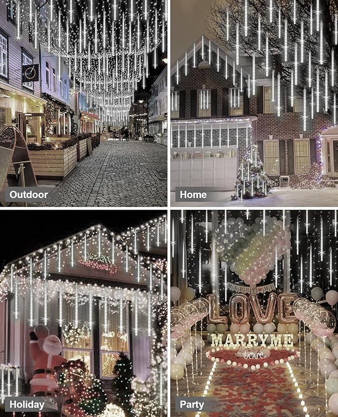 solar meteor shower lights outdoor, White