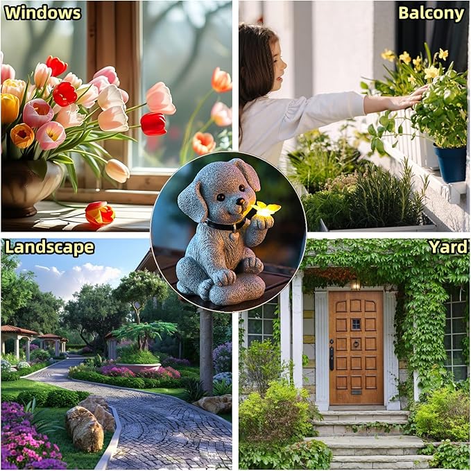 MeritMode Solar Dog Garden Statue with Butterfly Lights - Waterproof Outdoor Statue Decor for Patio, Lawn, Balcony, for Mom, Grandma, Women on Mother’s Day, Father’s Day, Housewarming