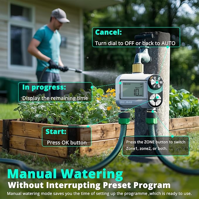 2 Zone Sprinkler Timer, Programmable Hose Timer with Brass Inlet & Outlet, Water Timer for Garden Hose with Rain Delay/Manual Watering/Automatic Irrigation Controller System for Yard, Lawn