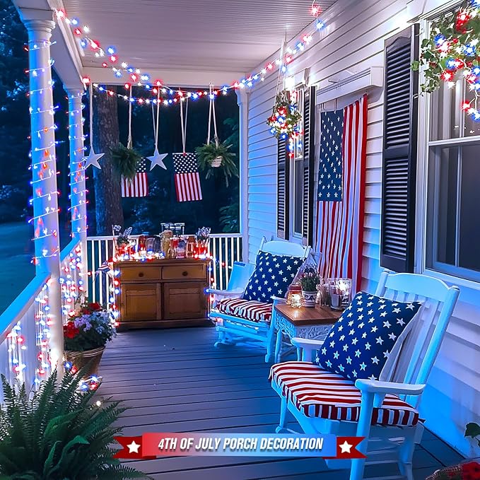 JMEXSUSS 400 LED Red White and Blue Lights Outdoor, 132FT 4th of July Lights Indoor, 8 Modes Patriotic String Light for Memorial Day Independence Day Decoration