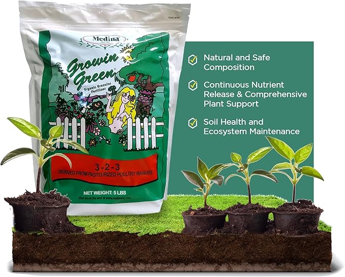 Medina Growin Green Organic Granular Fertilizer - 5 lb Bag - Nutrient Rich Soil Enhancer 3-2-3 Granules for Lush Gardens, Lawns, and Plants - Covers 375 Sq. Ft.