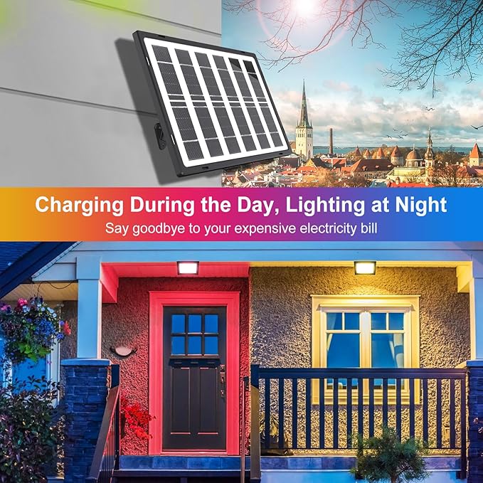 CLY Color Changing Solar Lights with Remote, IP66 Waterproof Outdoor Solar Flood Light 10 Colors 12 Modes 6 Brightness, Timer Memory Function 5M Cord for Stage Party Garden Wall Washer Light